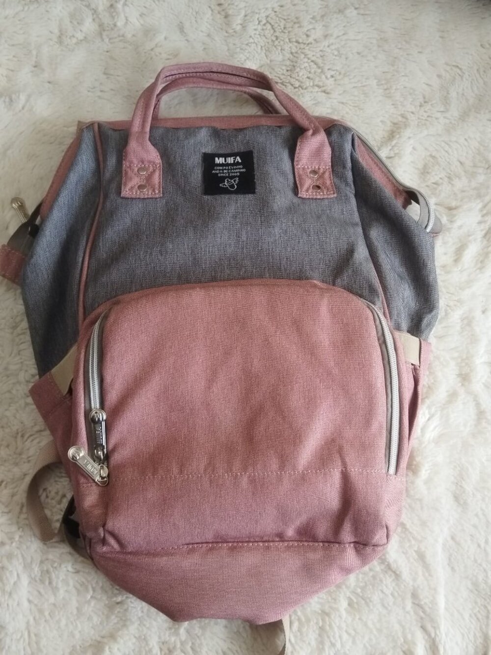MUIFA Wide Opening Maternity Baby Diaper Backpack Bag Pink Grey Insulated Pocket